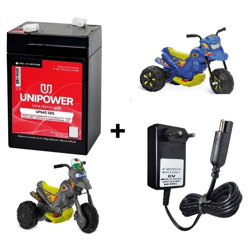 Bateria e Carregador Motinha Elétrica Xt3 Bandeirante Unipower 6v 4,5ah Carregador 6v Lazer Infantil
