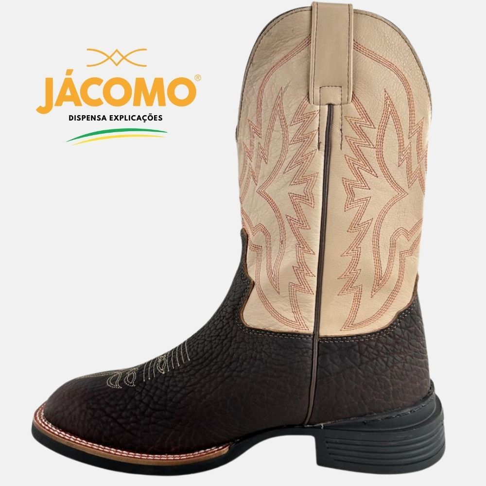 Bota Cowboy Western Bico Quadrado Jácomo Couro Cabeça De Boi Estilo Sertanejo Solado Antiderrapante Cano Médio Bordado