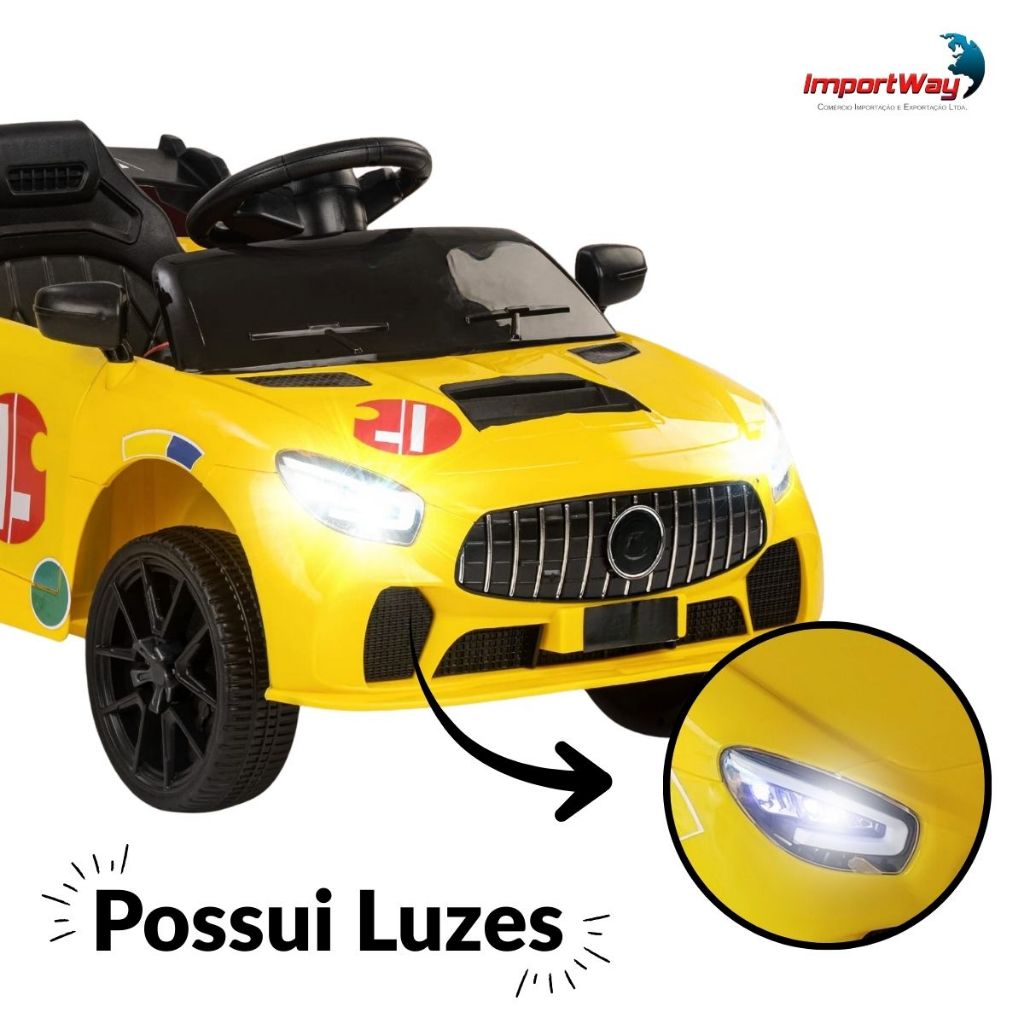Detalhes do Carrinho Elétrico Infantil 12V Esportivo Com Controle Remoto e Música e Luzes LED Amarelo Azul Branco Vermelho