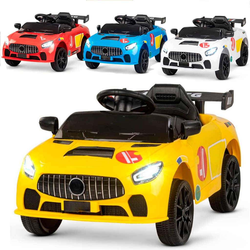 Carrinho Elétrico Infantil 12V Esportivo Com Controle Remoto e Música e Luzes LED Amarelo Azul Branco Vermelho