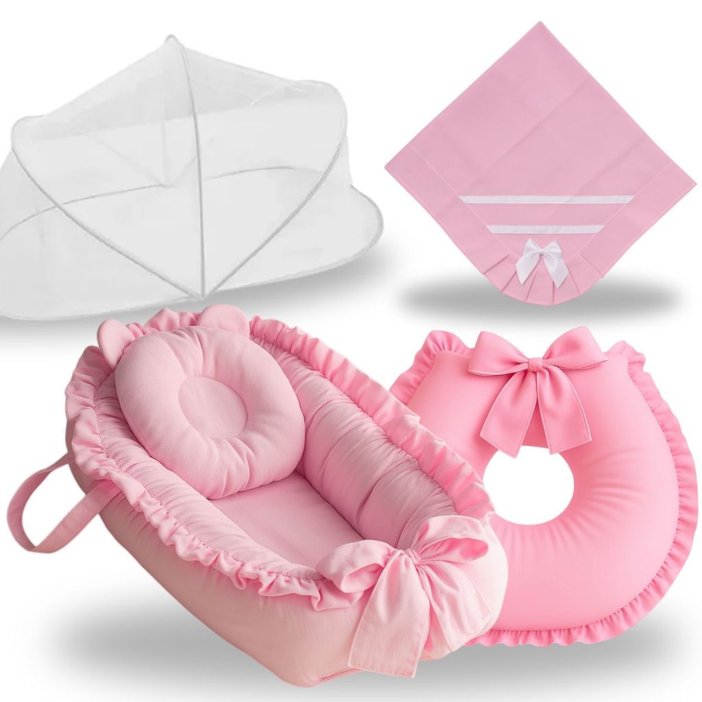 Ninho Redutor de Berço Bebe Menina Menino Almofada Amamentação Mosquiteiro Manta Kit 4 Peças