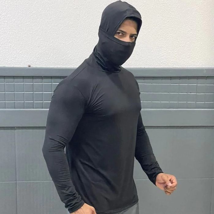 Camisa Masculina Manga Longa Térmica Com Capuz e Balaclava Touca Ninja Proteção Solar em Oferta na Shopee