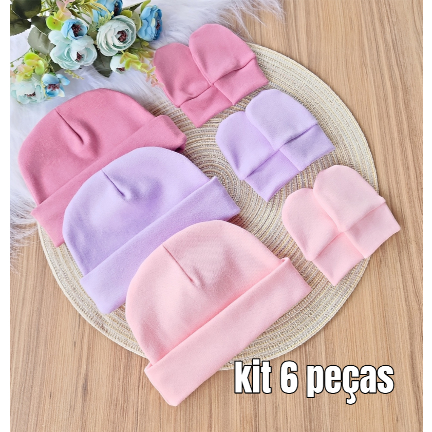 Kit 3 Touca e 3 Luva Para Bebê Recém Nascido 100% Algodão Antialérgico Maternidade Enxoval Gestante