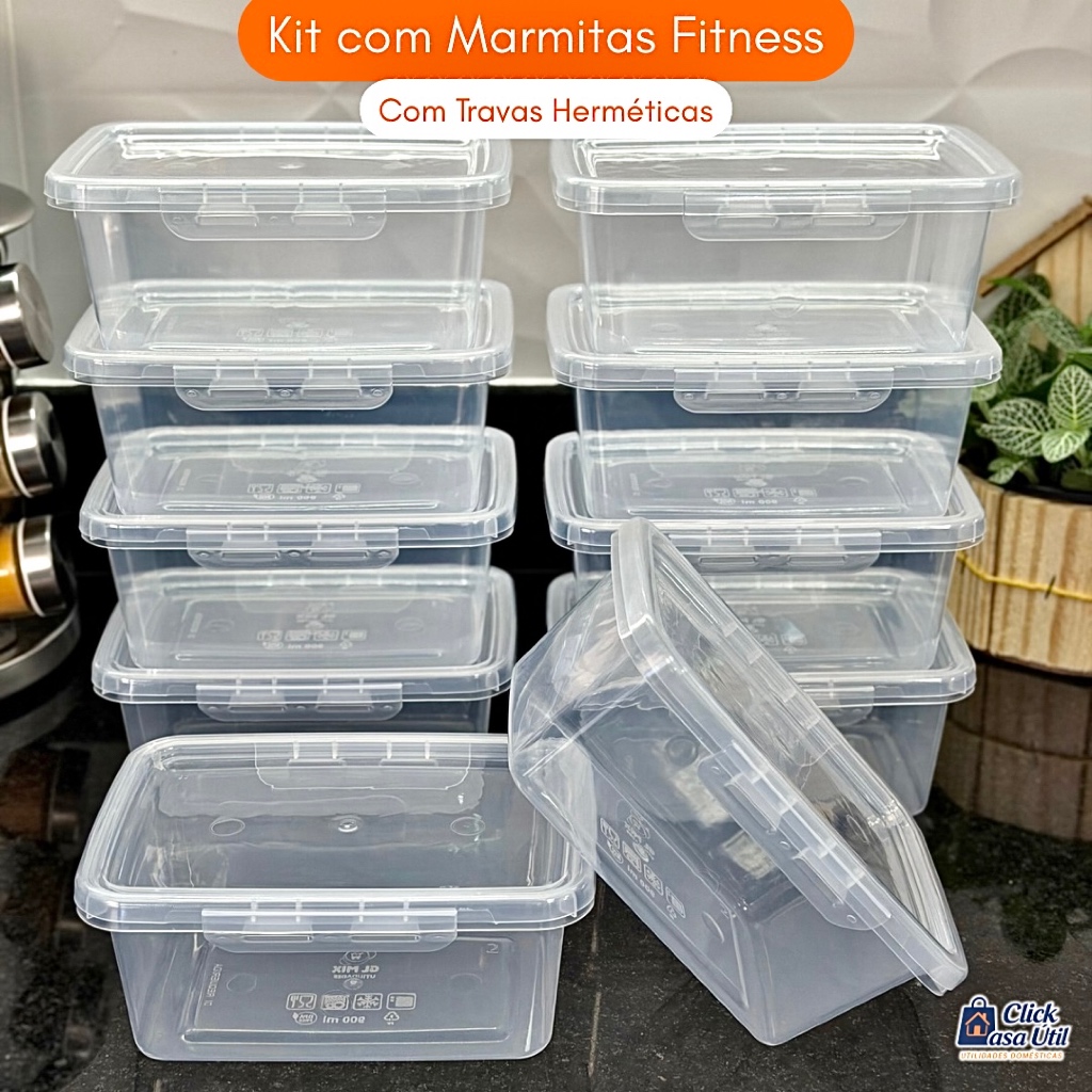 Kit 30 Marmitas Fitness 900ml com Travas Laterais - Plástico Reutilizável, Alimentos, Organizadoras.