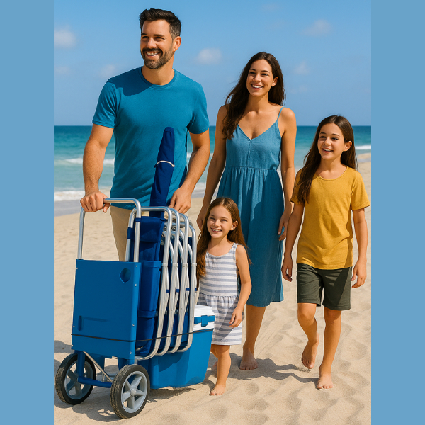 Carrinho De Praia Com Avanço Transporta Cadeiras Cooler Caixa Térmica Vira Mesa Com Porta Copos