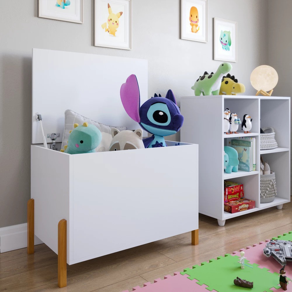 Caixa De Brinquedos Organizadora Branca Com Pés em Madeira Maciça em Oferta na Shopee