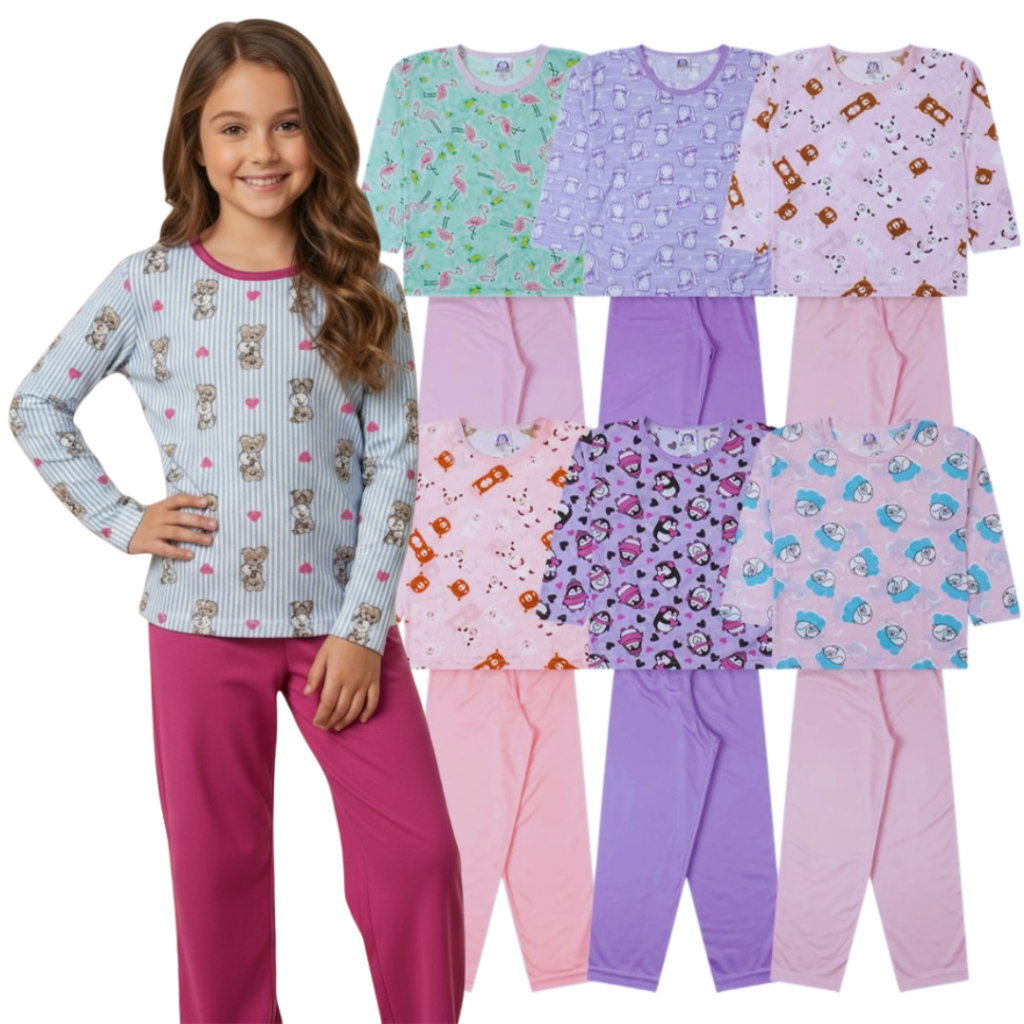 Kit Pijama Juvenil Menina | Roupa de Dormi Comprida Tamanho 2 ao 16 | Pijama Inverno Feminino em Oferta na Shopee