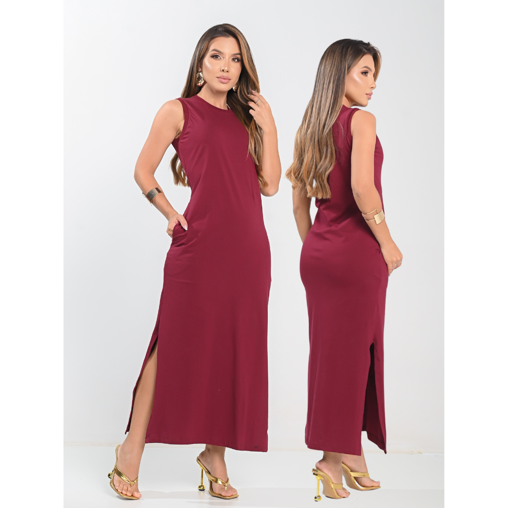 Vestido Longo Com Fenda Lateral e Bolso Cavado Básico Liso Soltinho 100% Algodão Premium