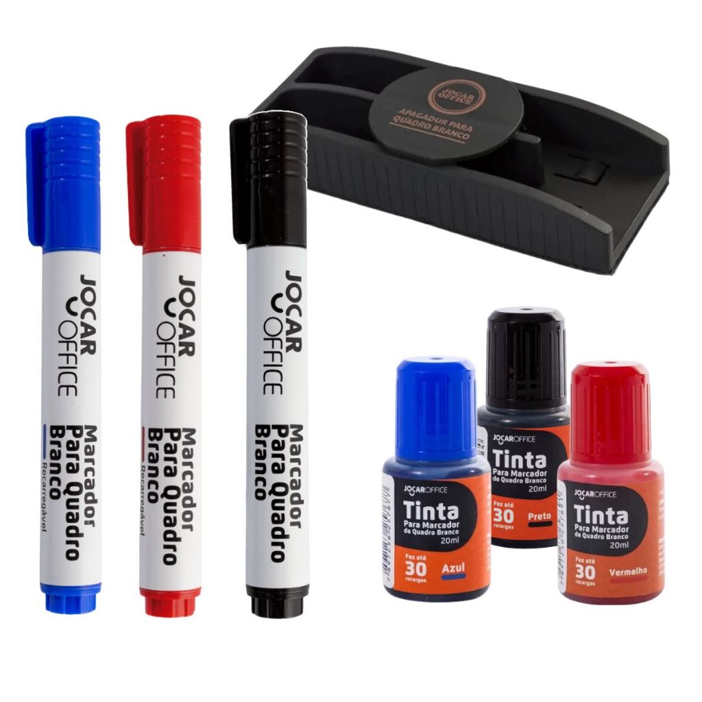 Kit Apagador + 2 Marcador Recarregáveis + 2 Tintas Refil Para Quadro Branco Azul vermelho preto em Oferta na Shopee