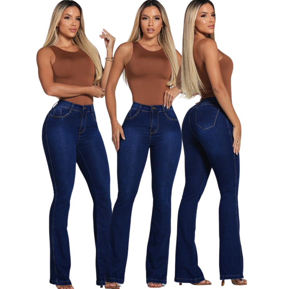 Calça Flare Jeans Feminina Com Elastano Cintura Alta Efeito Levanta Bumbum Country Barra Larga — imagem 2 de 2