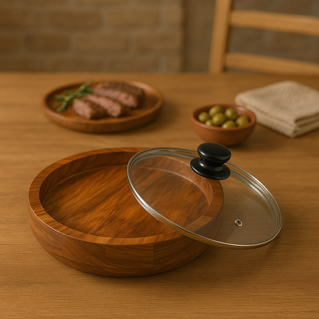 Gamela De Madeira Teca Tampa De Vidro - Tradição E Elegancia