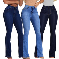 Calça Flare Jeans Feminina Com Elastano Cintura Alta Efeito Levanta Bumbum Country Barra Larga