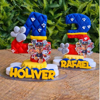 Vela de aniversário em biscuit patrulha canina azul ou rosa , topo de bolo com nome em Oferta na Shopee