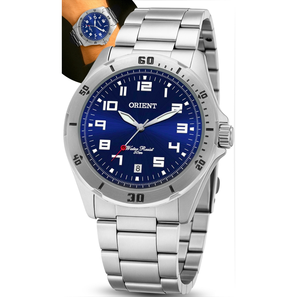 Relógio Orient Analógico Masculino Clássico Prateado Quartz Em Aço Inoxidável Calendário Prova D'água 50 Metros Original