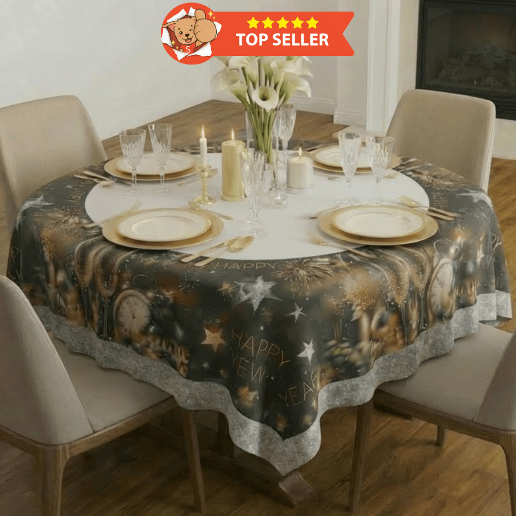 Toalha de Mesa Para Ano Novo 4 Lugares Redonda 1,40x1,40 Decoração Moderna Festiva Ano Novo
