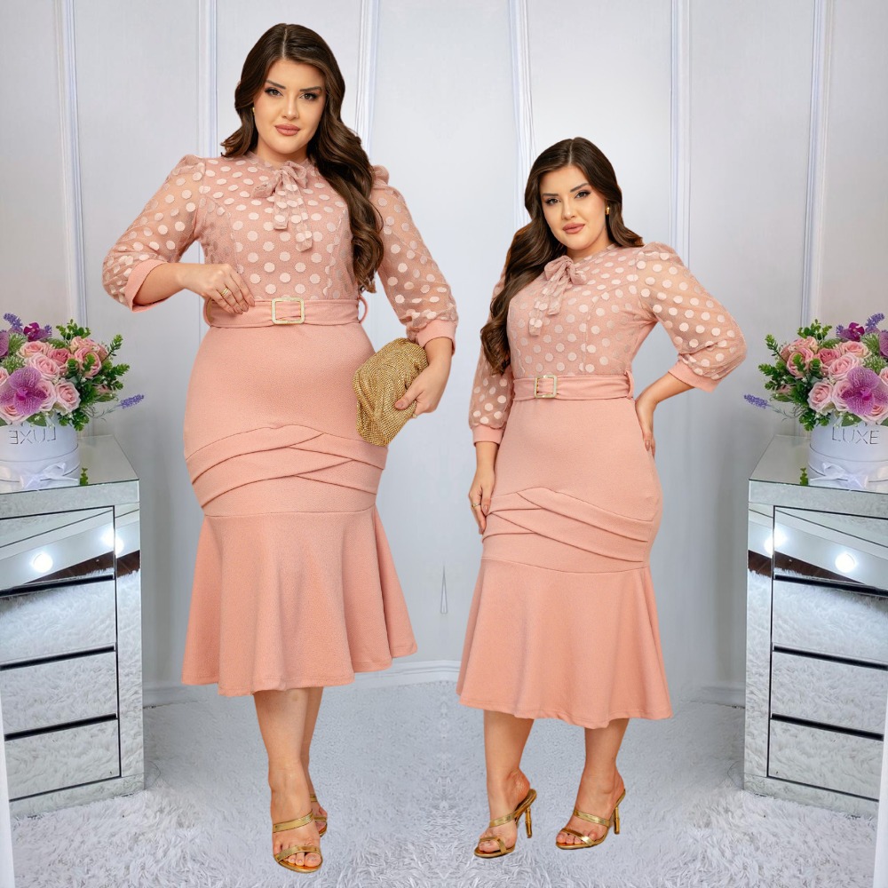 Vestido Feminino Midi Social Moda Evangelica Com Tule Manga 3/4 Plus Size Tendencia Congresso em Oferta na Shopee