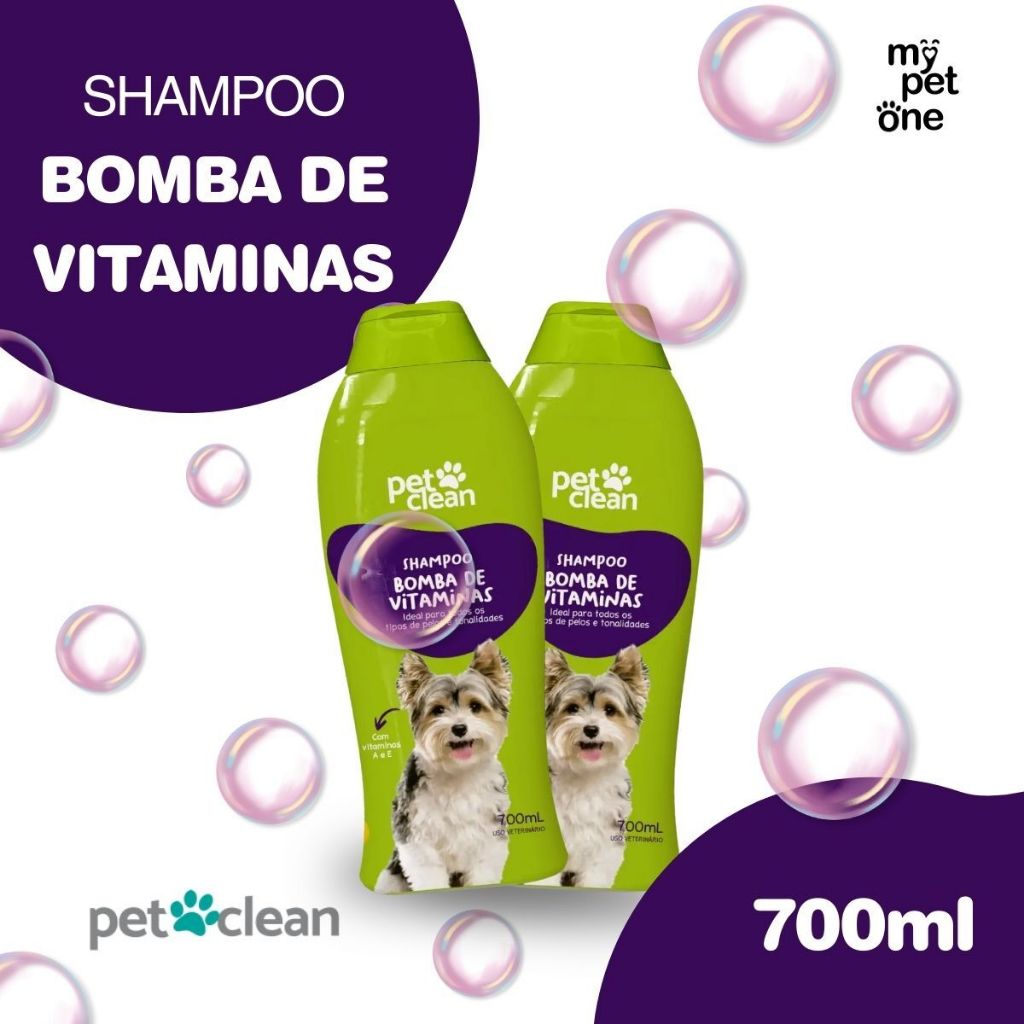 Kit 2 Shampoo 700ml Bomba de Vitamina + Queratina p/ Cães e Gatos - Pet Clean em Oferta na Shopee