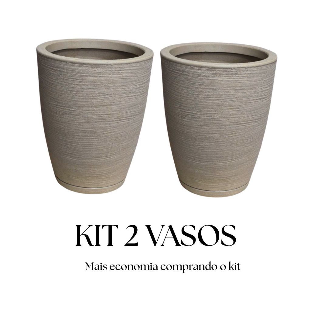 Kit 2 Vasos para Plantas Decorativo em Polietileno Redondo Escovado com Prato Coletor N2 em Oferta na Shopee