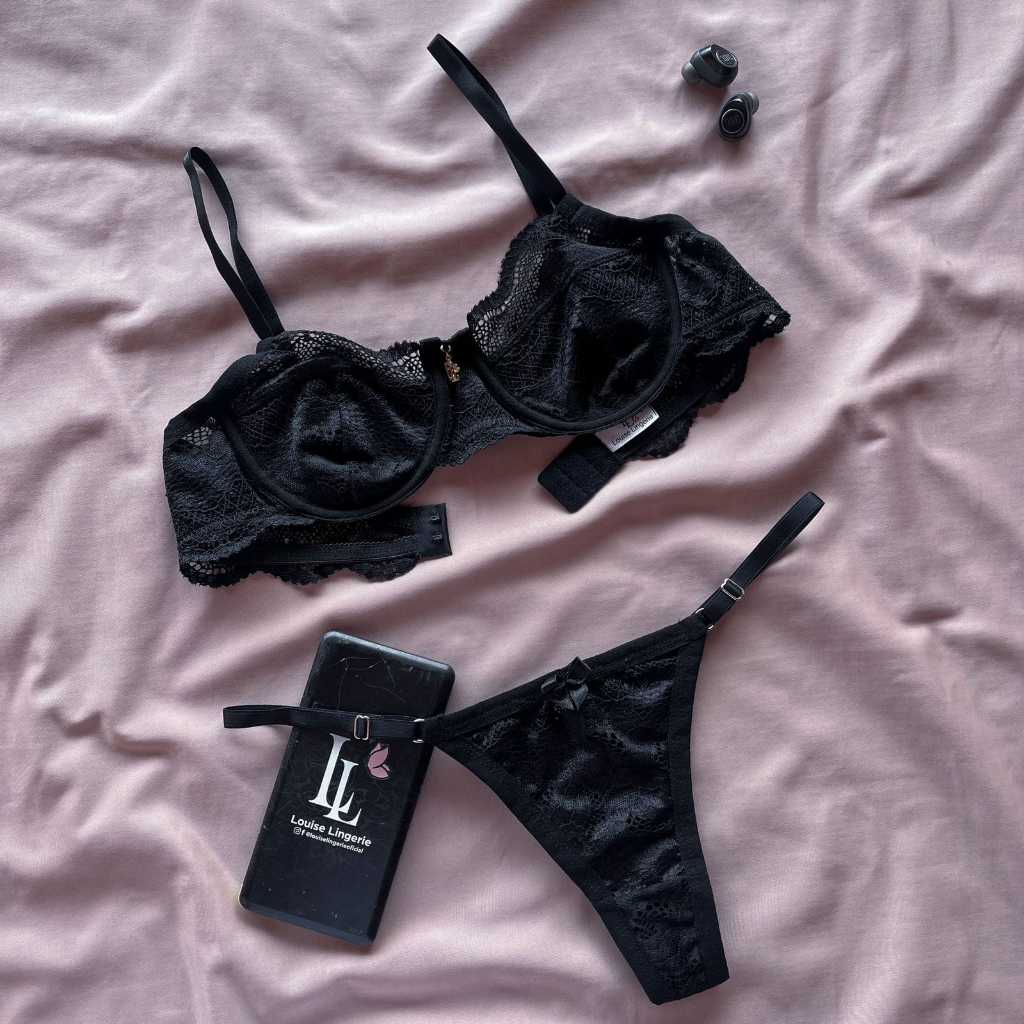 Conjunto lingerie em renda sem bojo com aro, alças reguláveis e calcinha fio em Oferta na Shopee