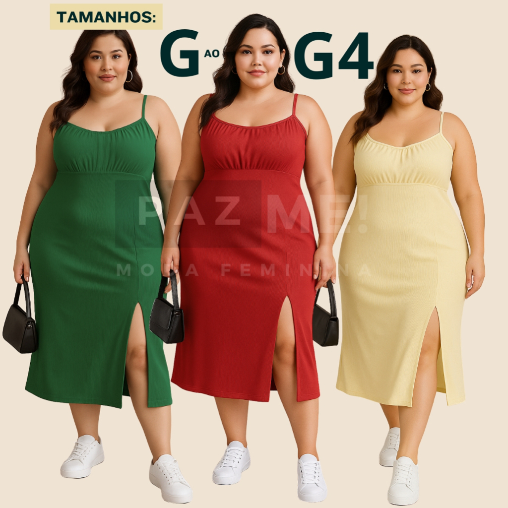 Vestido Feminino Midi Plus Size Alcinha Regulavel Com Fenda Frontal PAZME em Oferta na Shopee