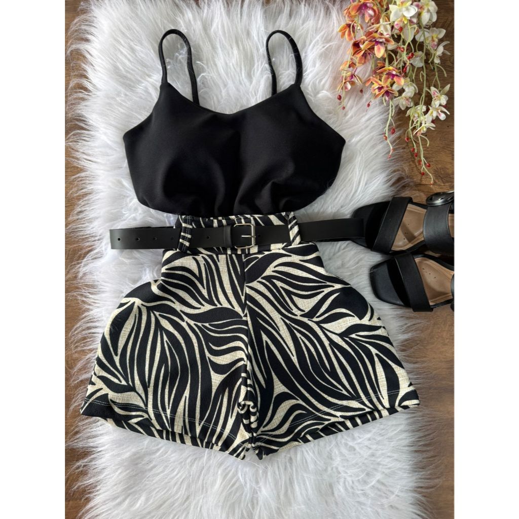 Conjunto Feminino Regata Com Bojo + Short + Cinto Conjuntinho Elegante em Oferta na Shopee