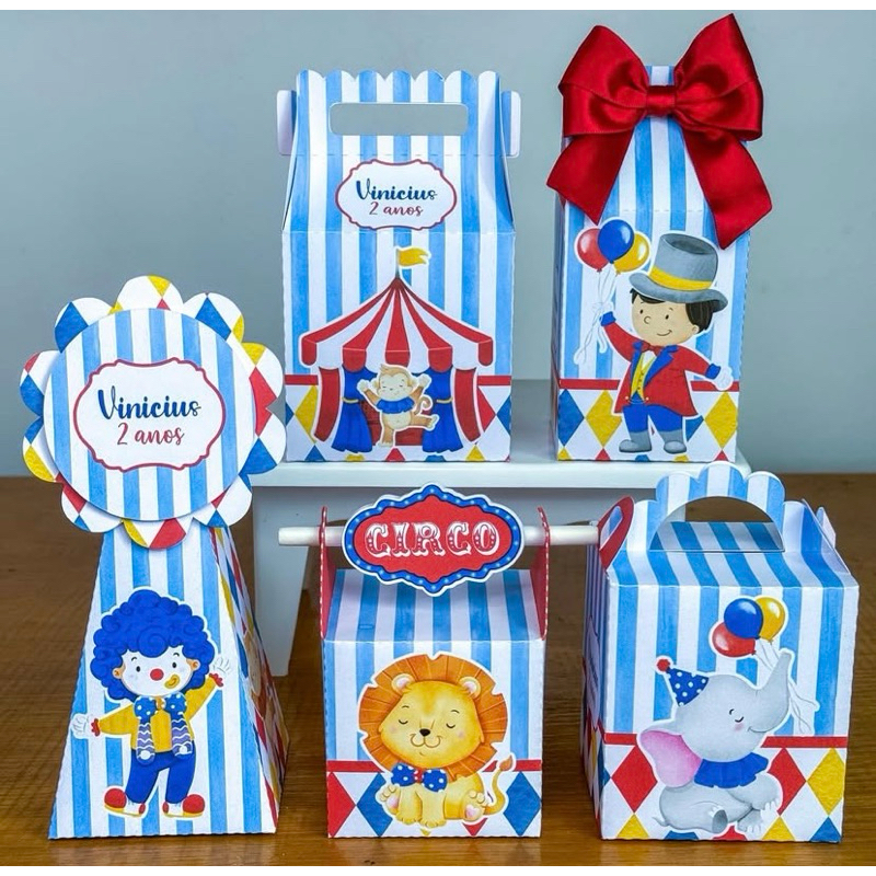 Pegue e monte caixas personalizadas aniversário festa infantil lembrancinha circo circo azul
