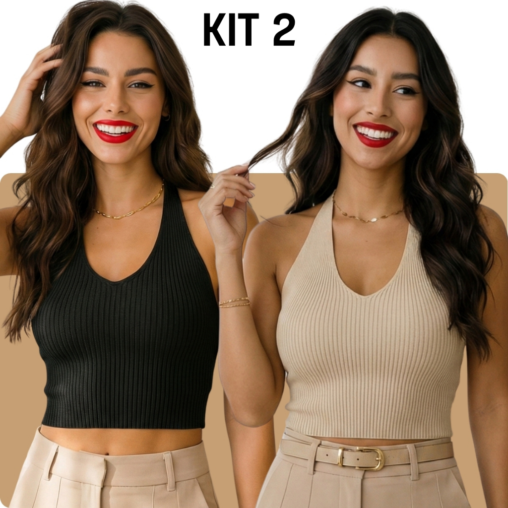 Kit 2 Cropped Tricot Regata Modal Leve Frente Única Decote V Tendência Verão Moda Gringa Feminino