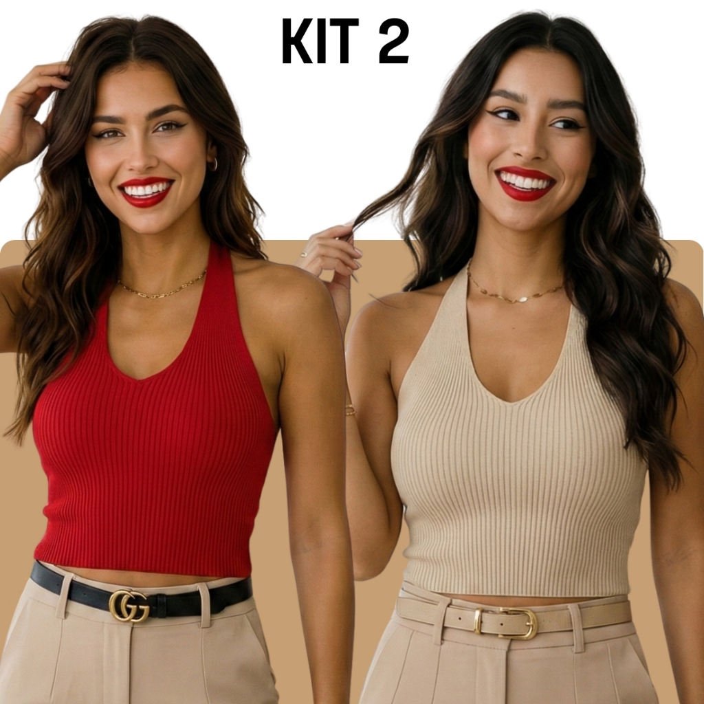 Kit 2 Top Cropped Tricot Modal Canelado Frente Única Alça Pescoço Fresquinho Básico Feminina