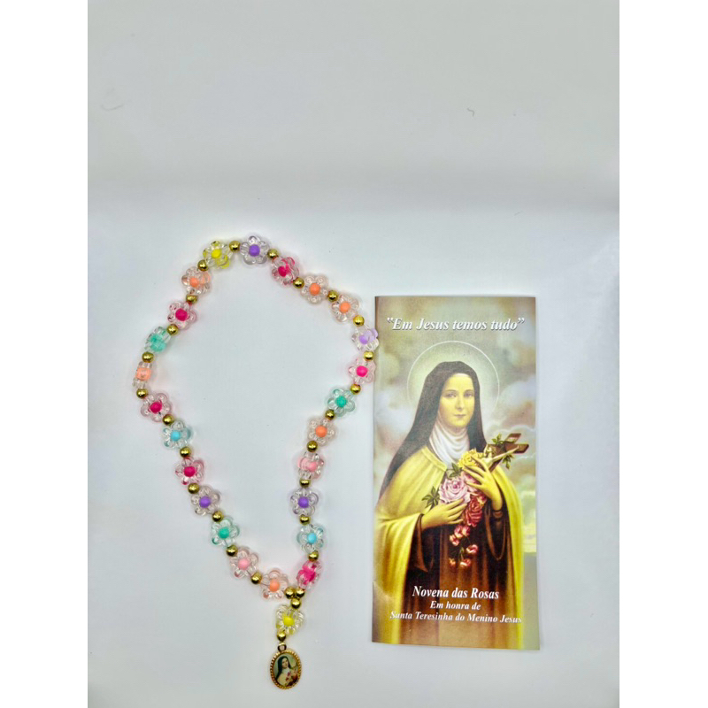 Terço Novena Santa Terezinha 25cm Folheto Explicativo Contas Esmaltada Rosa Medalha Resinada Devoçao em Oferta na Shopee