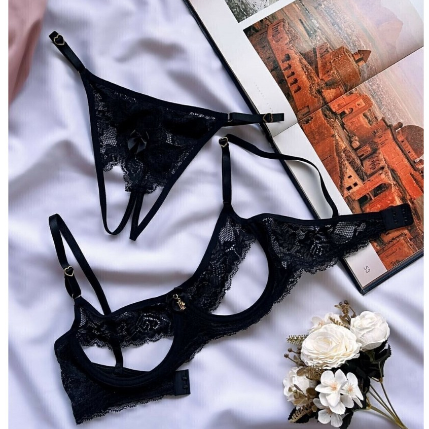 Conjunto Kali rendado com aberturas, sem bojo em Oferta na Shopee