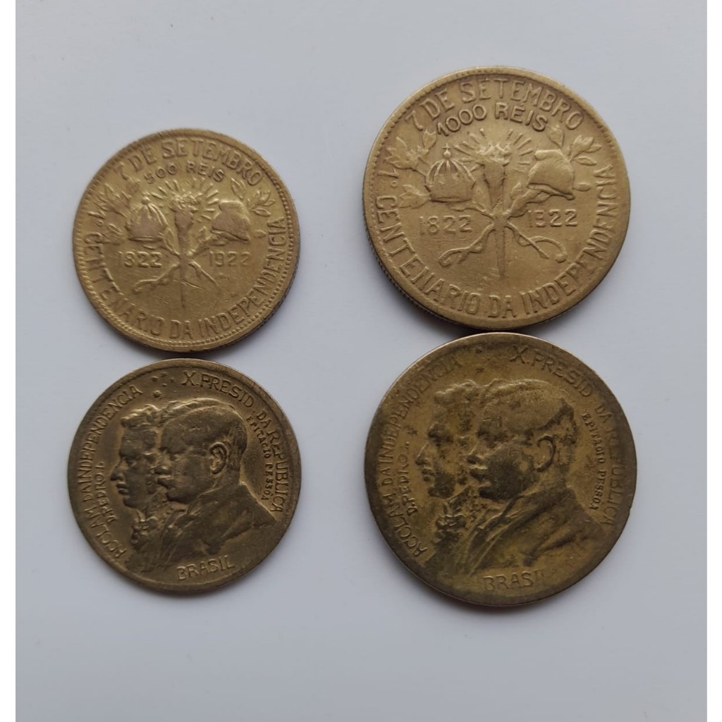 Moedas de 500 réis e 1.000 réis, de 1922, comemorativas do Centenário da Independência.