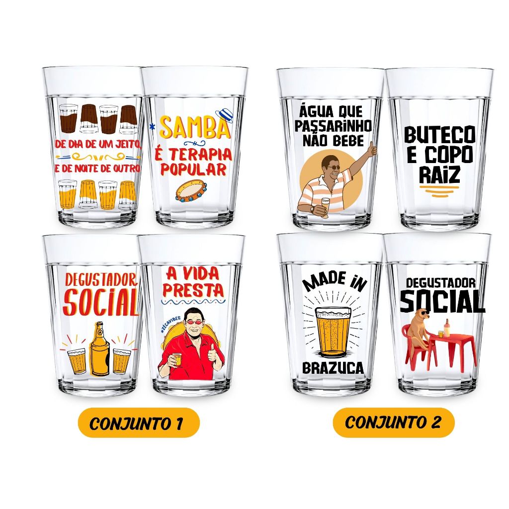 Jogo 4 Copos Americanos Personalizado Frases Engraçadas Brasilidades Samba Cerveja Boteco Presente