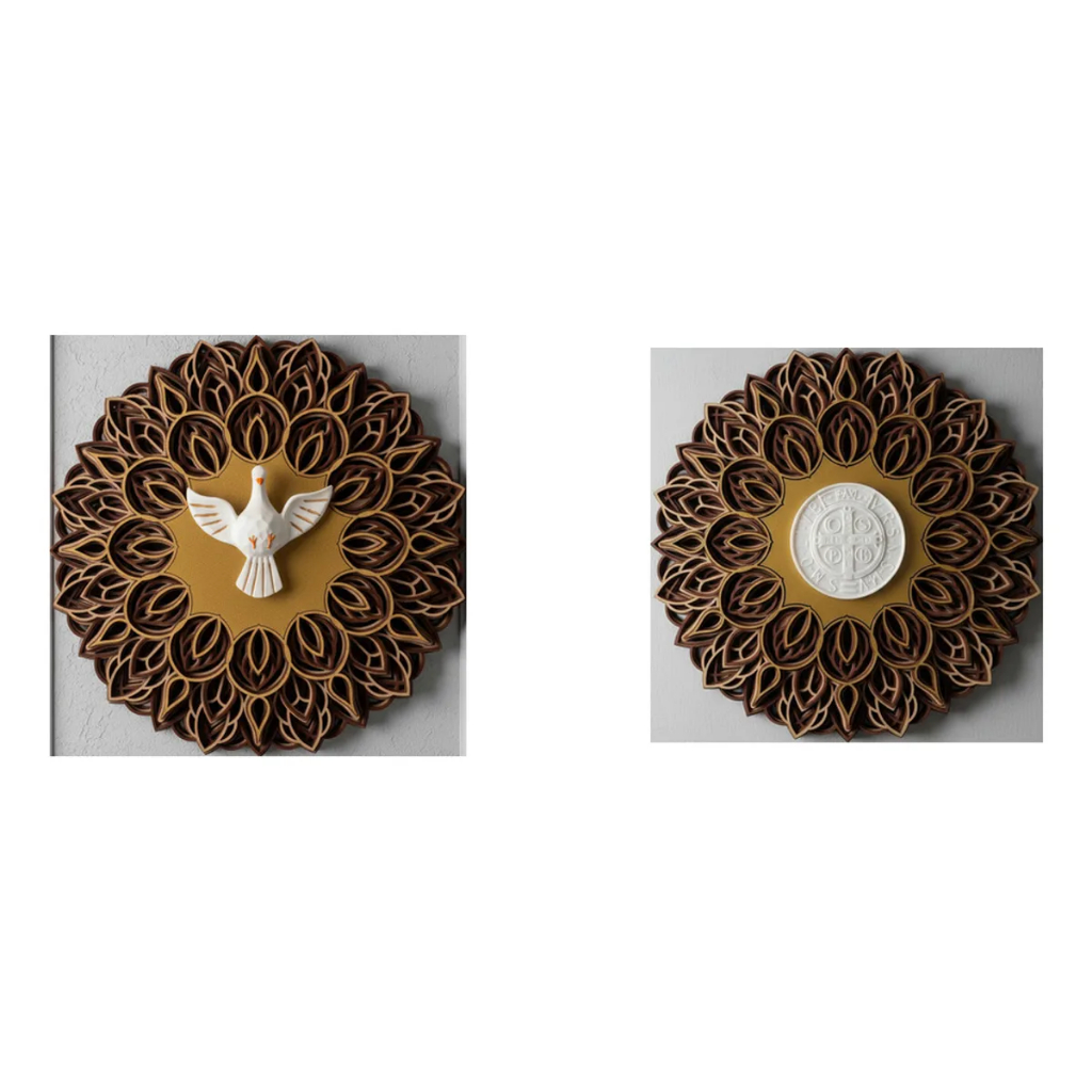 Kit Mandalas: Mandala Divino Espírito Santo Mdf Resina 27cm + Mandala São Bento Mdf Resina 27cm