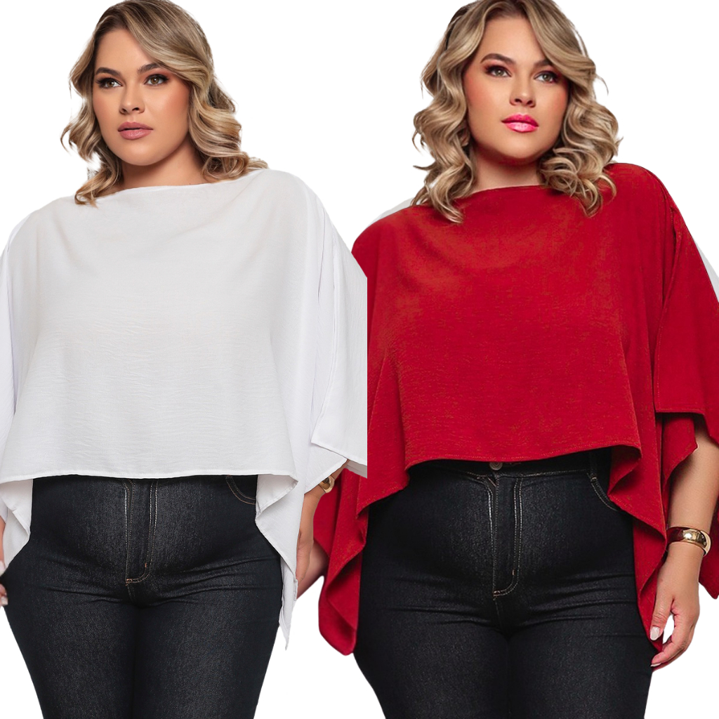 Kit 2 Blusa Cropped Bata Capa Multiformas Plus Size  Boho Com Top Faixa Assimétrica Casual Elegante