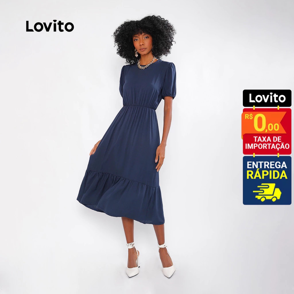 Lovito Vestido Midi Azul com Babado na Barra Feminino DRB374BRL403 em Oferta na Shopee