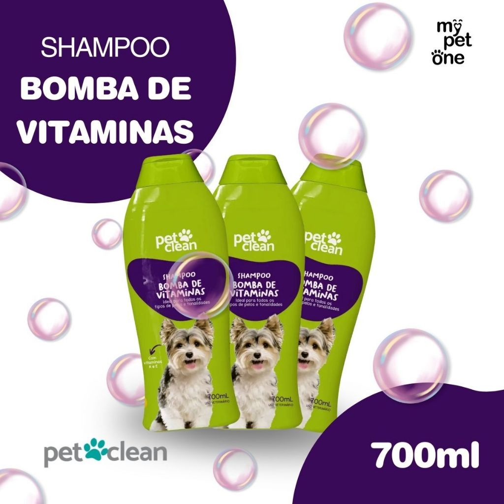 Kit 3 Shampoo 700ml Bomba de Vitamina + Queratina p/ Cães e Gatos - Pet Clean em Oferta na Shopee
