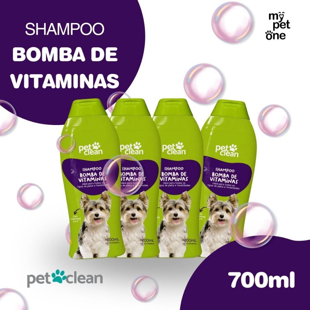 Kit 4 Shampoo 700ml Bomba de Vitamina + Queratina p/ Cães e Gatos - Pet Clean em Oferta na Shopee