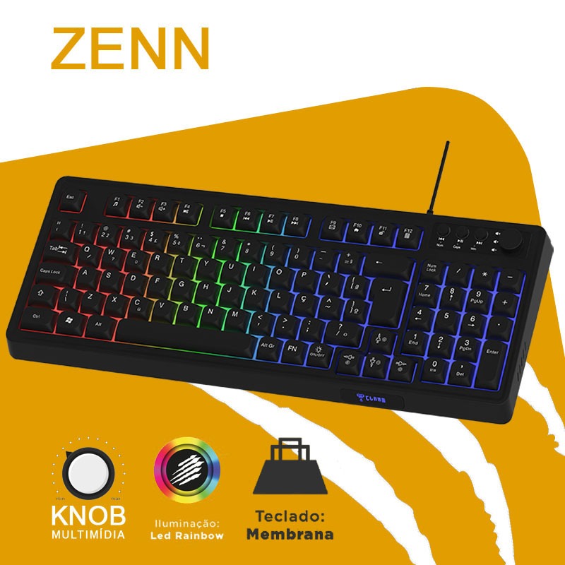 TECLADO LED RAINBOW KNOB MULTIMIA 98 TECLAS USB ABNT2