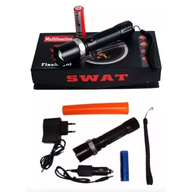 Lanterna Tatica Swat Profissional Recarregável 980000w Super Forte Zoom Com 2 Pilha