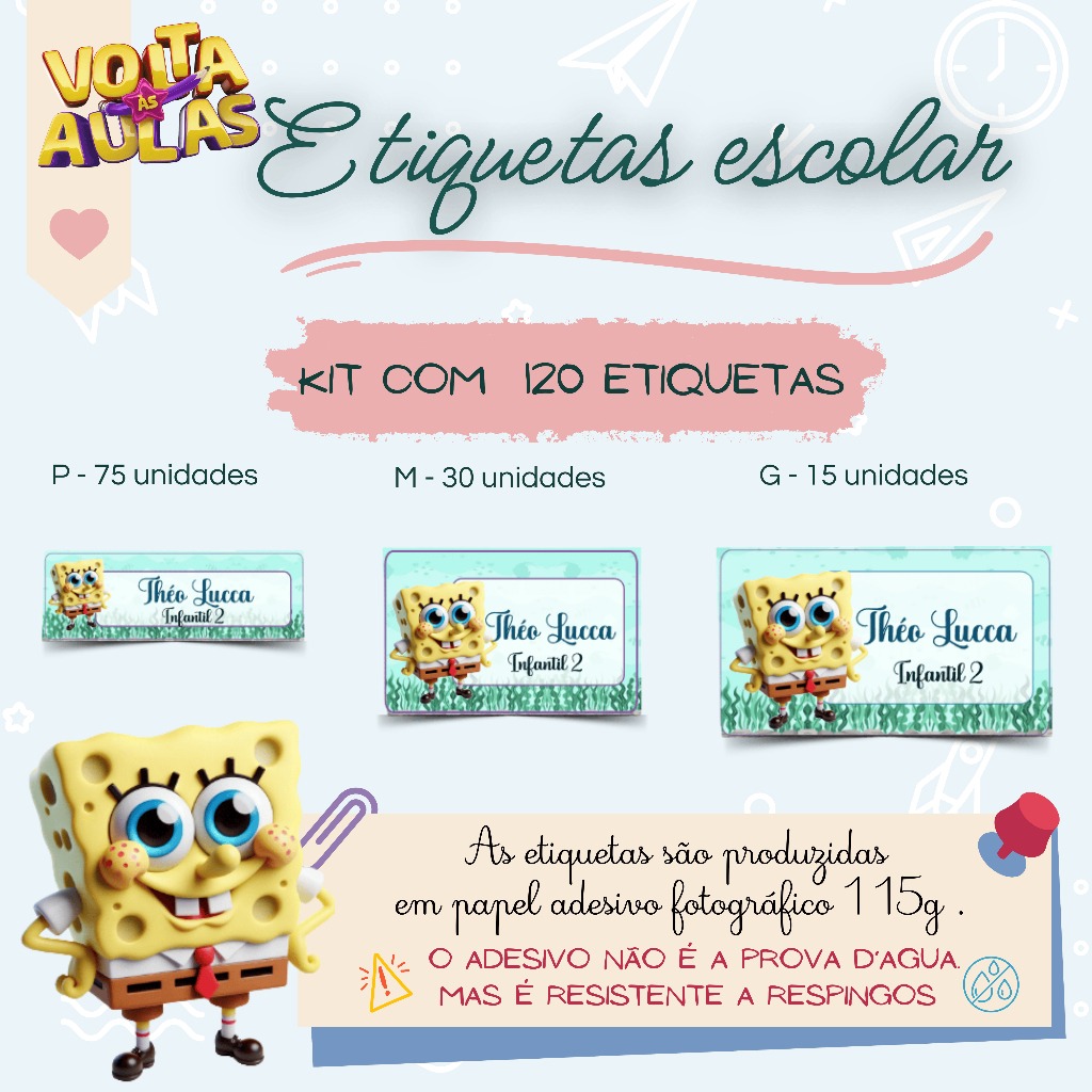 Kit 120 Etiquetas Escolar BOB ESPONJA | Adesivos Personalizados | Volta as aulas | Material Escolar em Oferta na Shopee