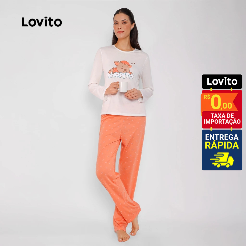 Lovito Conjunto de Pijama Feminino Manga Longa Estampa Shopito na Nuvem LPJB772BRL802 em Oferta na Shopee