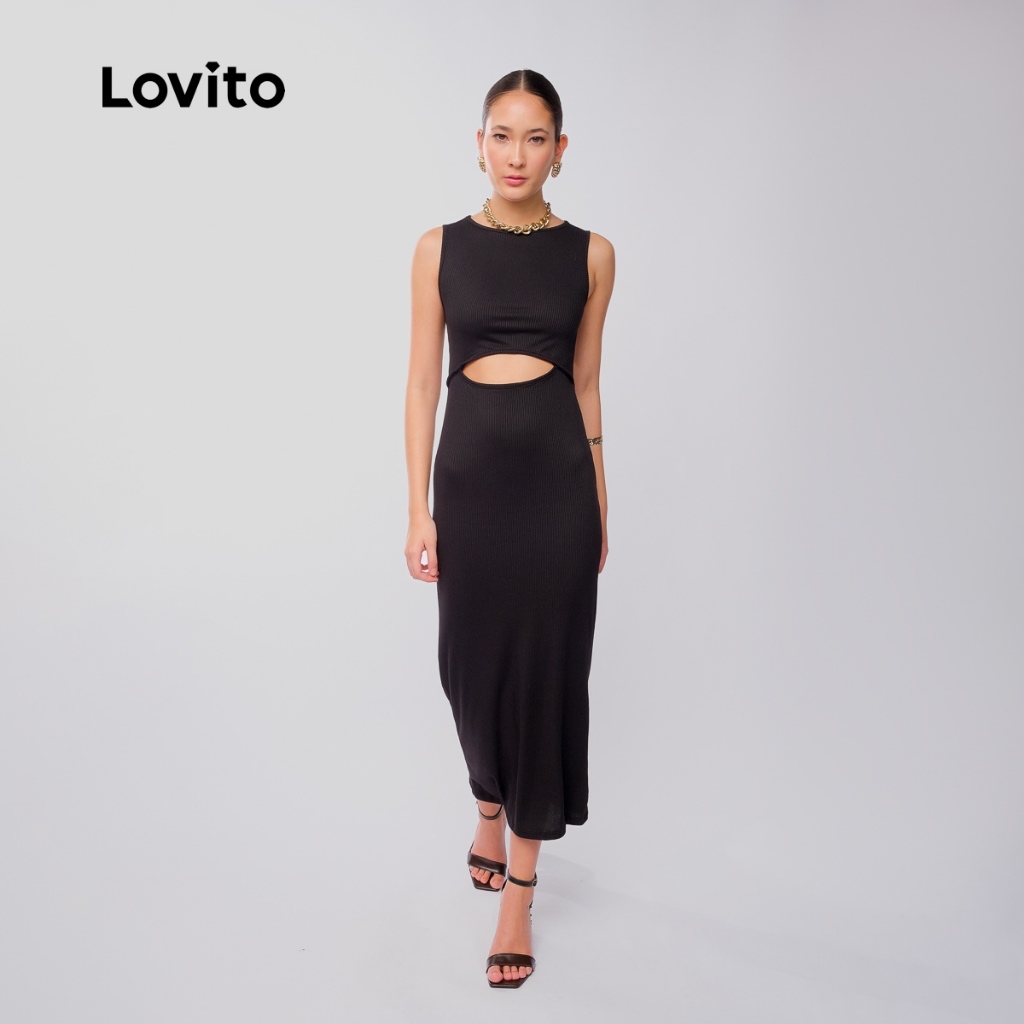 Lovito Vestido Midi Preto Cut Out Casual Lisa para Mulheres DRB1093BRL1123 em Oferta na Shopee