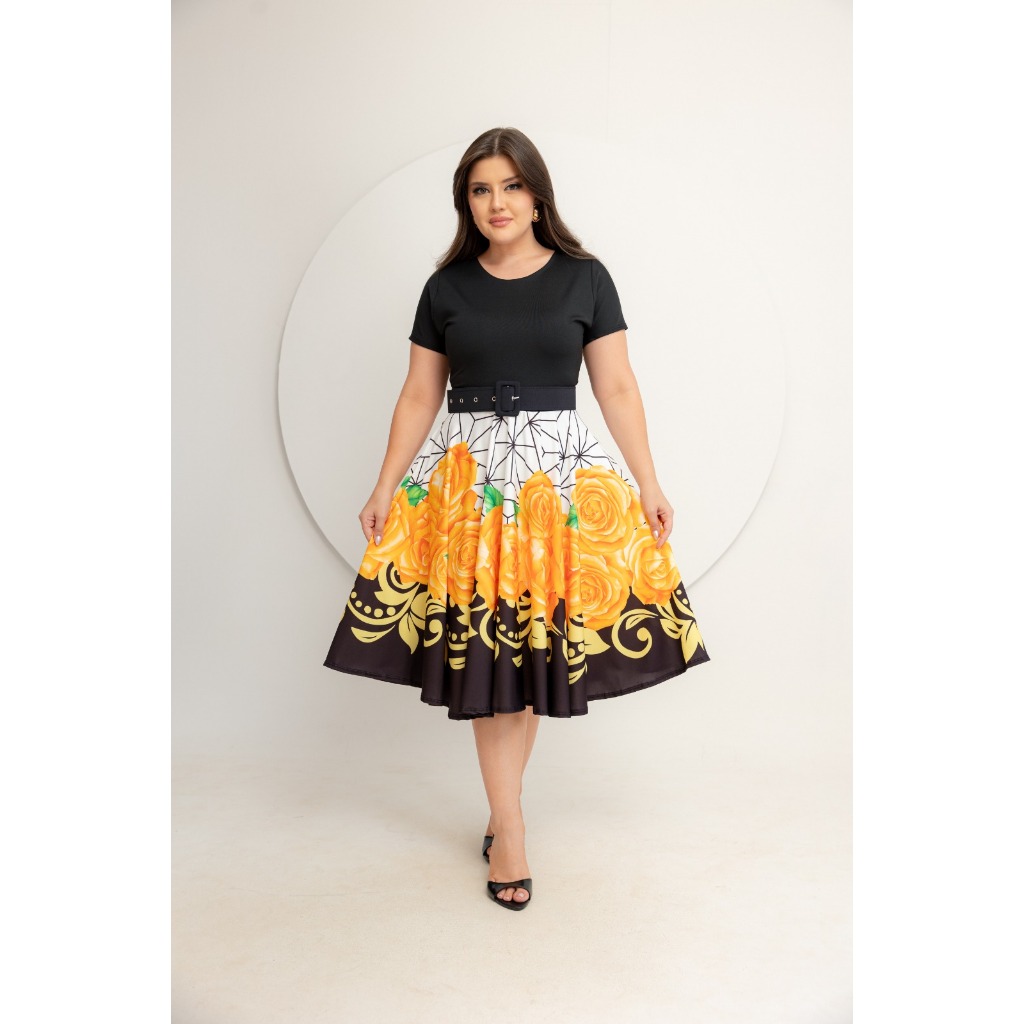 Vestido Midi Godê Preto Com Amarelo Florido Acompanha Cinto