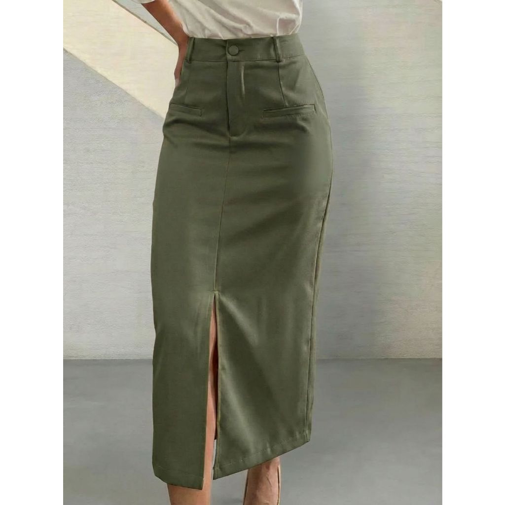 H942 Saia Feminina, Com Bolso Falso, Fenda, Saia Midi, Elegante