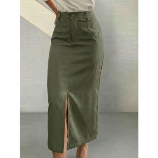 H942 Saia Feminina, Com Bolso Falso, Fenda, Saia Midi, Elegante