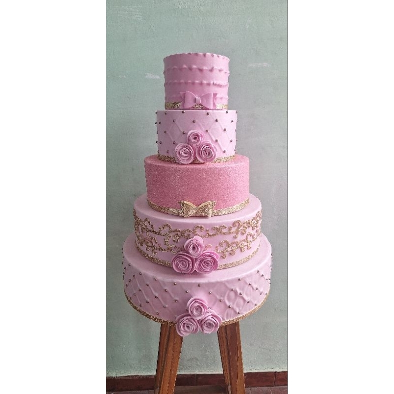 bolo fake texturizado rosa com glitter 5 andares em Oferta na Shopee