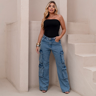 Calça Jeans Wide Leg Cargo Feminina 4 Bolsos Cintura Alta em Oferta na Shopee