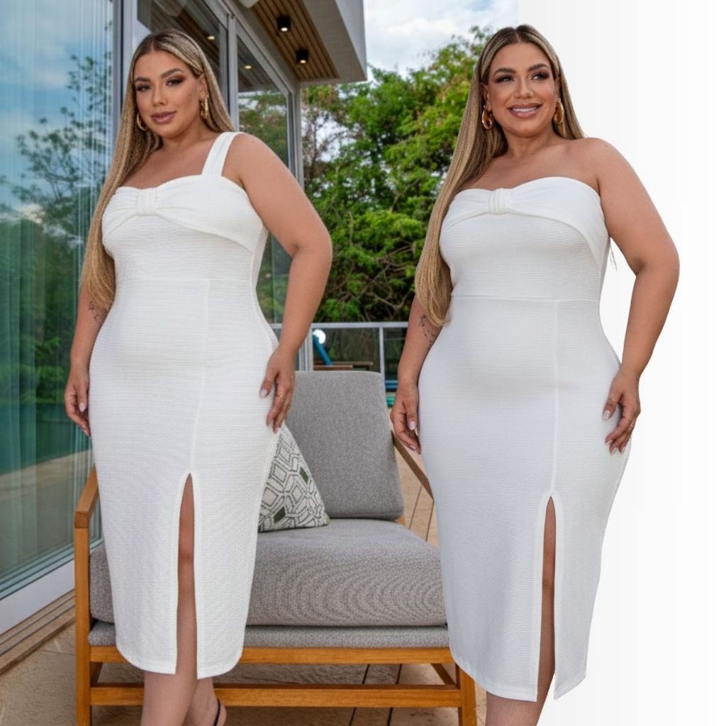 Vestido Feminino Plus Size Midi Preto Festa Modelador Fenda Elegante até G4