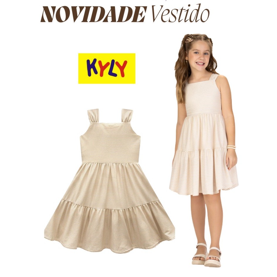Vestido Infantil Menina Listras Kyly,vestido para festas e passeios ,fios dourados,decote nas costas