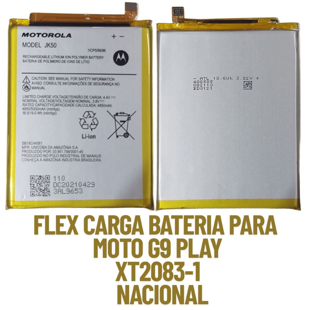 FLEX CARGA BATERIA JK50 COMPATIVEL MOTOROLA MOTO G9 PLAY XT2083-1 ORIGINAL NACIONAL DE FABRICA